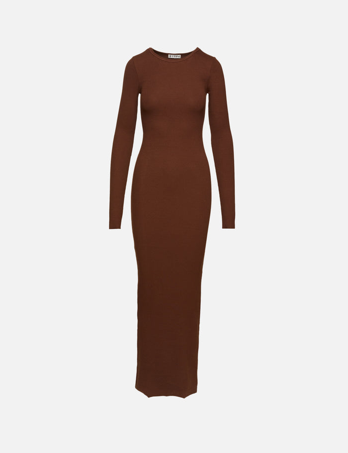 Long Sleeve Crewneck Dress,ÉTERNE,CHOCOLATE,Image 1