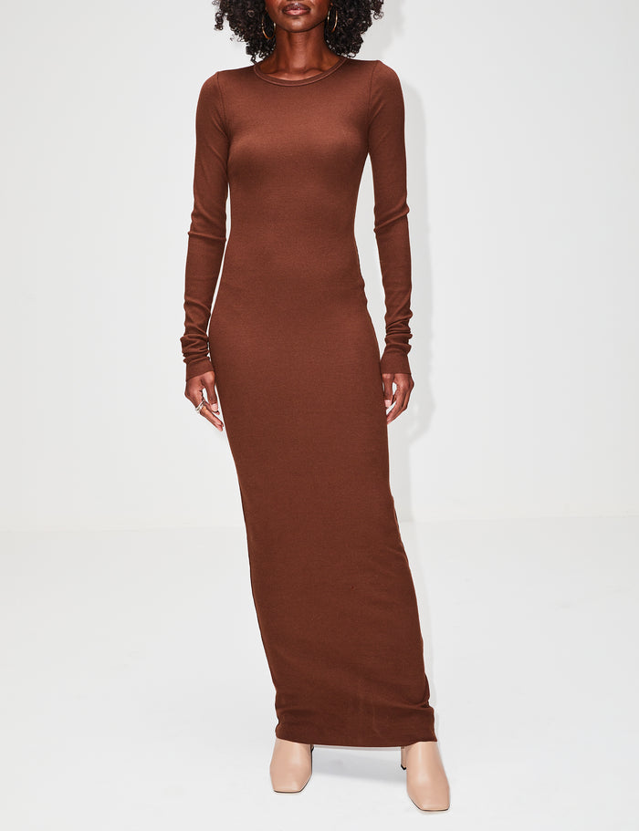 Long Sleeve Crewneck Dress,ÉTERNE,CHOCOLATE,Image 1