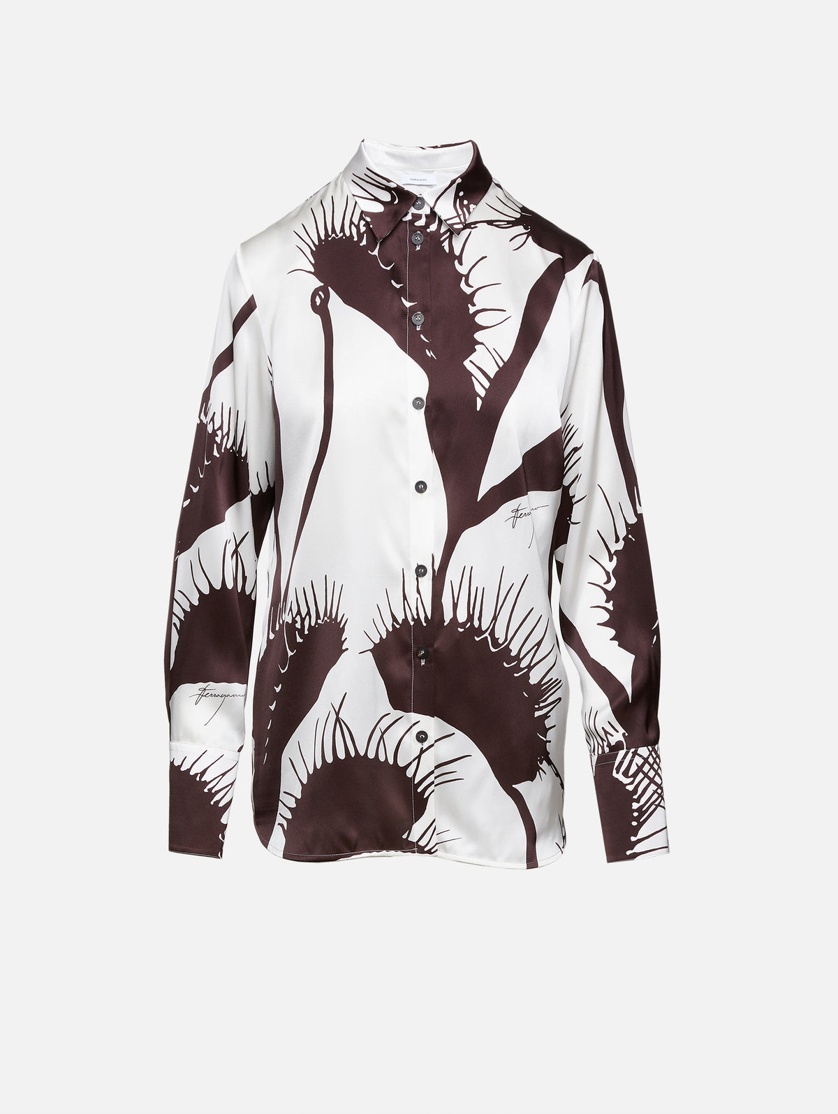 Venus Print Satin Shirt,FERRAGAMO,WHITE/ESPRESSO,Image 1