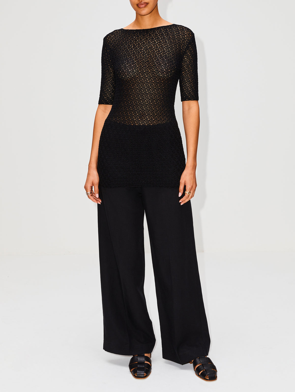 Crochet Knit Tee,TOTÉME,BLACK,Image 2