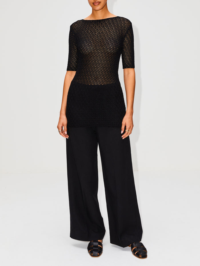 Crochet Knit Tee,TOTÉME,BLACK,Image 1
