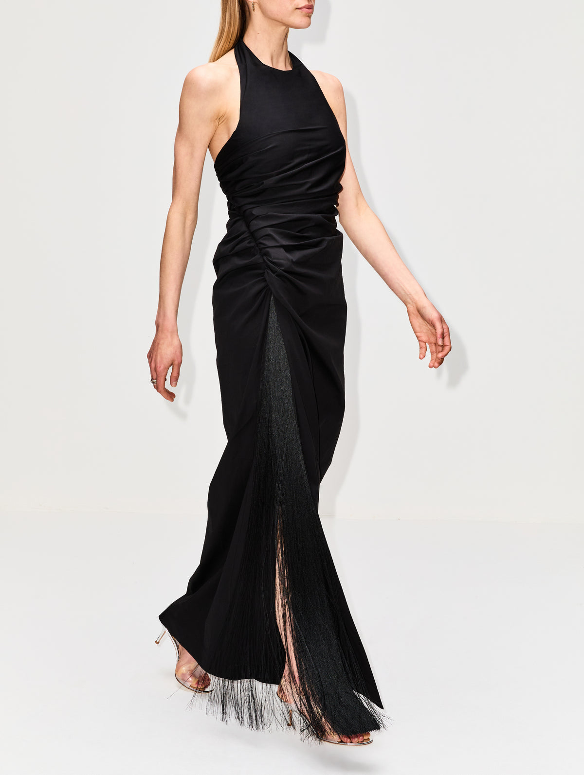 Long Fringe Dress,FERRAGAMO,BLACK,Image 3