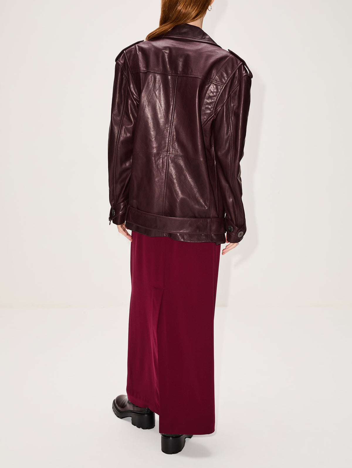 Oversized Leather Biker Jacket,ZEYNEP ARCAY,BORDO BLACK,Image 3