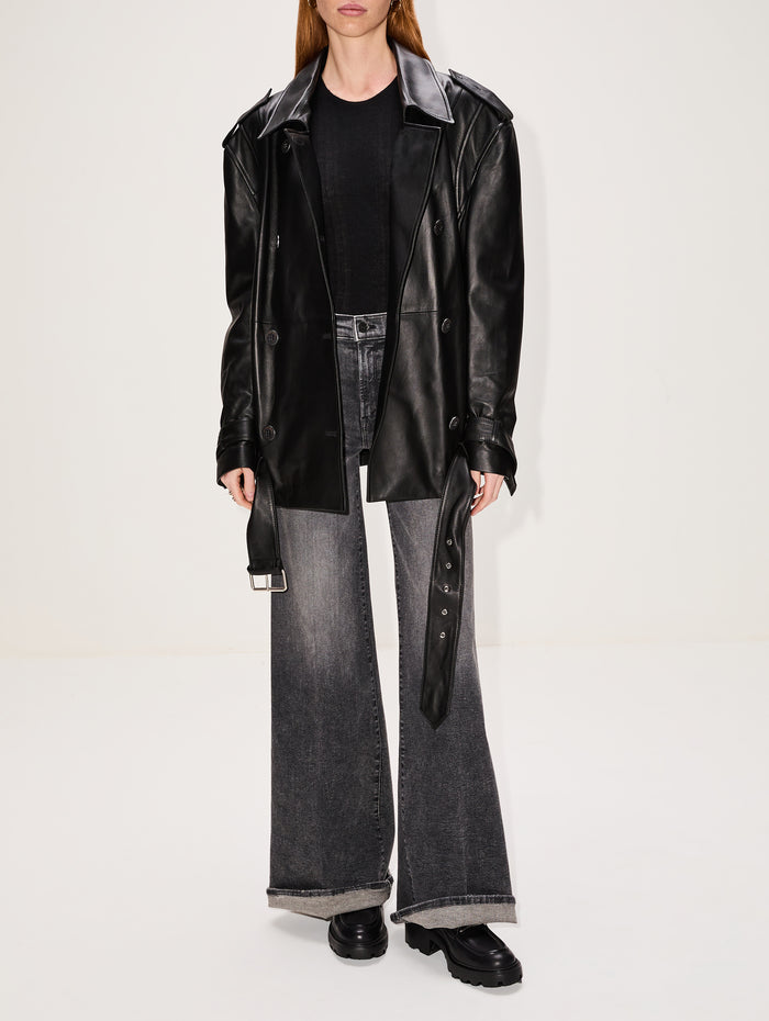 Oversized Leather Biker Jacket,ZEYNEP ARCAY,BLACK,Image 1