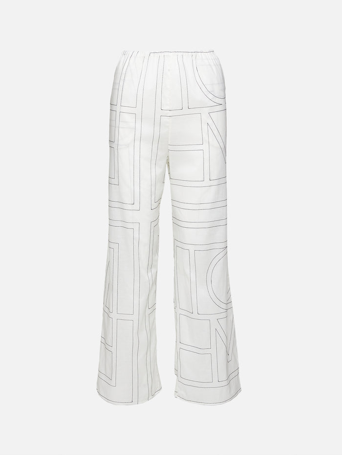 Monogram Cotton PJ Bottom,TOTÉME,WHITE/BLACK,Image 1