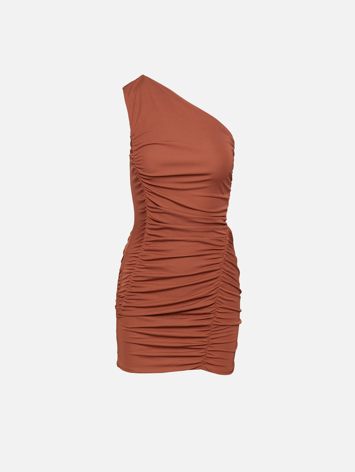 One Shoulder Mini Jersey Dress,ZEYNEP ARCAY,RUST,Image 1