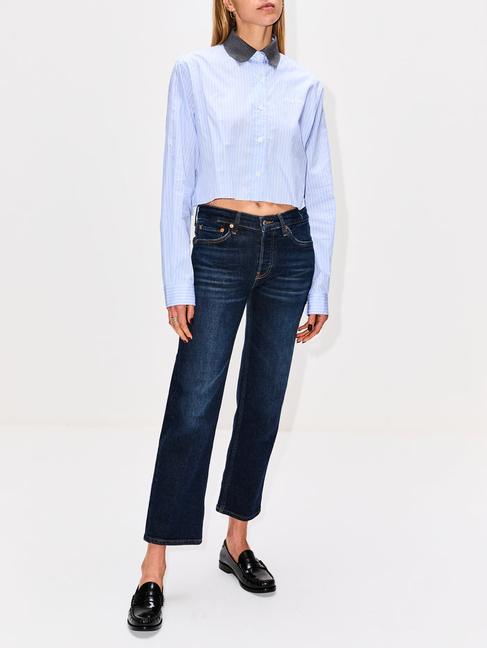 Cropped Button Up Shirt,MIU MIU,CIELO/BIANCO,Image 1