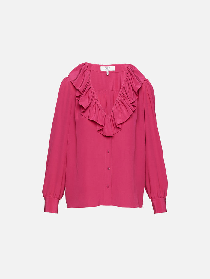 Ruffle V Neck Blouse,CHLOÉ,DIVINE RED,Image 1