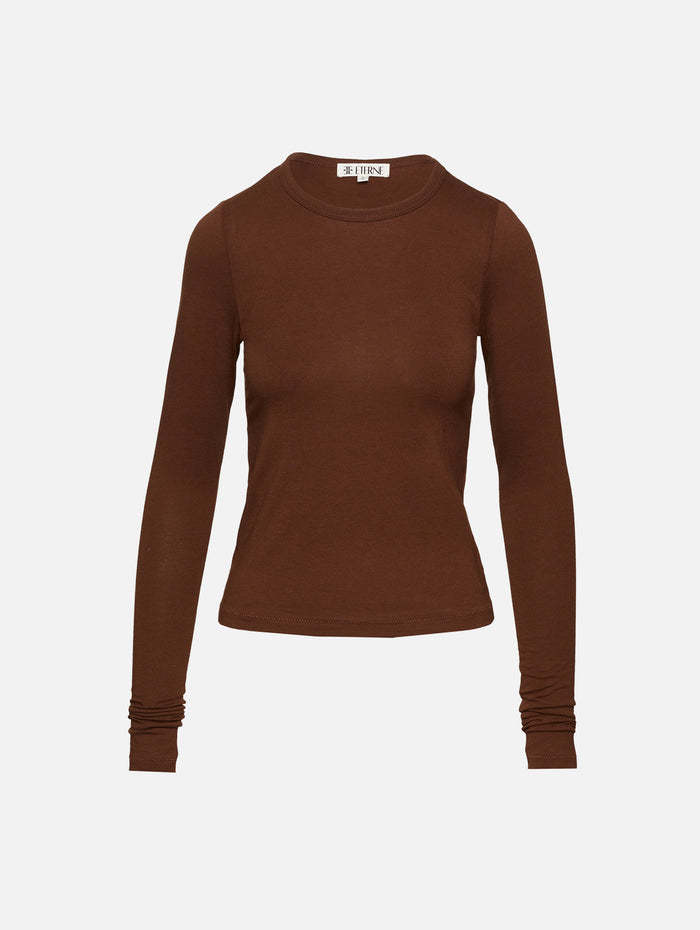 Fitted Crewneck Long Sleeve Tee,ÉTERNE,CHOCOLATE,Image 1