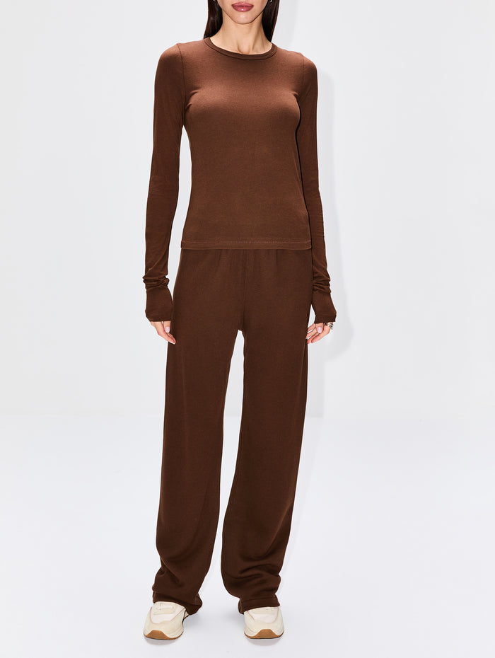 Fitted Crewneck Long Sleeve Tee,ÉTERNE,CHOCOLATE,Image 1