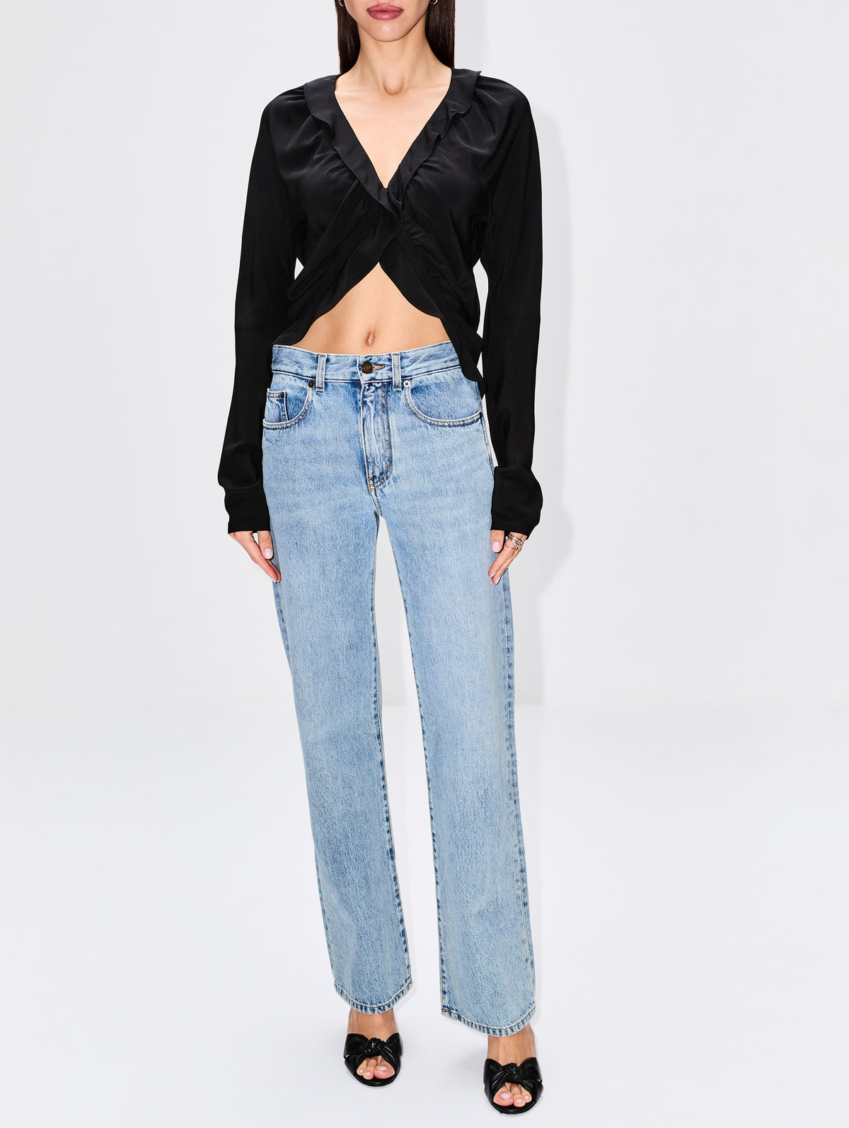 Cropped Long Sleeve Blouse,SAINT LAURENT,BLACK,Image 2