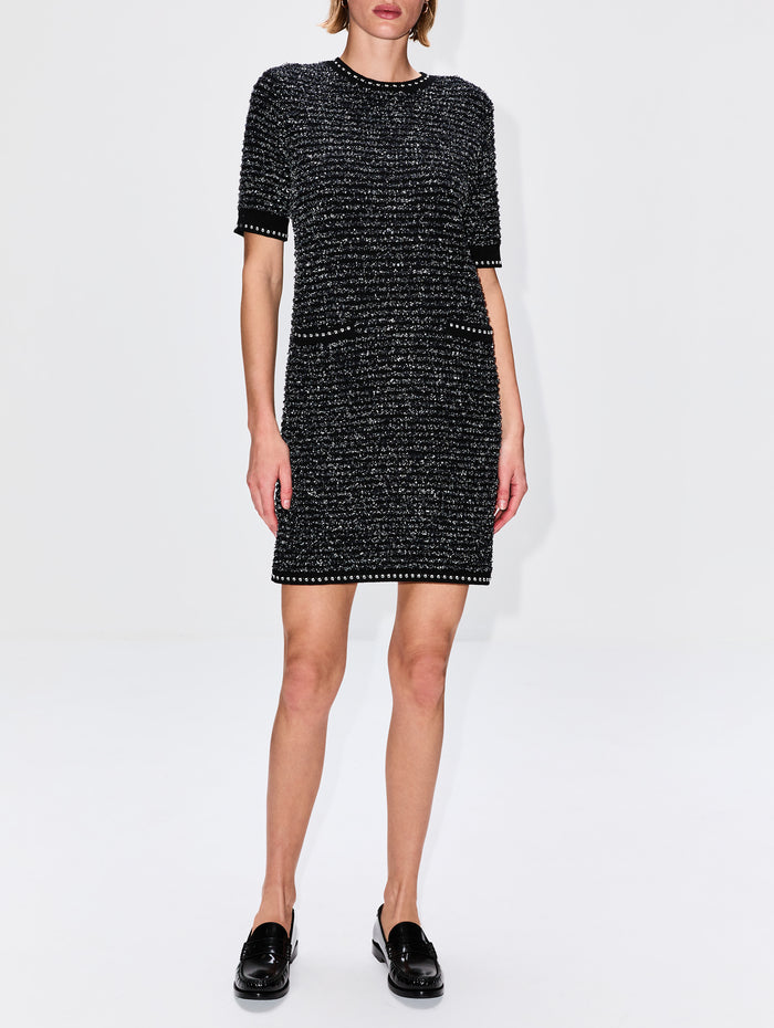 Eyelash Tweed Short Sleeve Mini Dress,THOM BROWNE,BLACK,Image 1