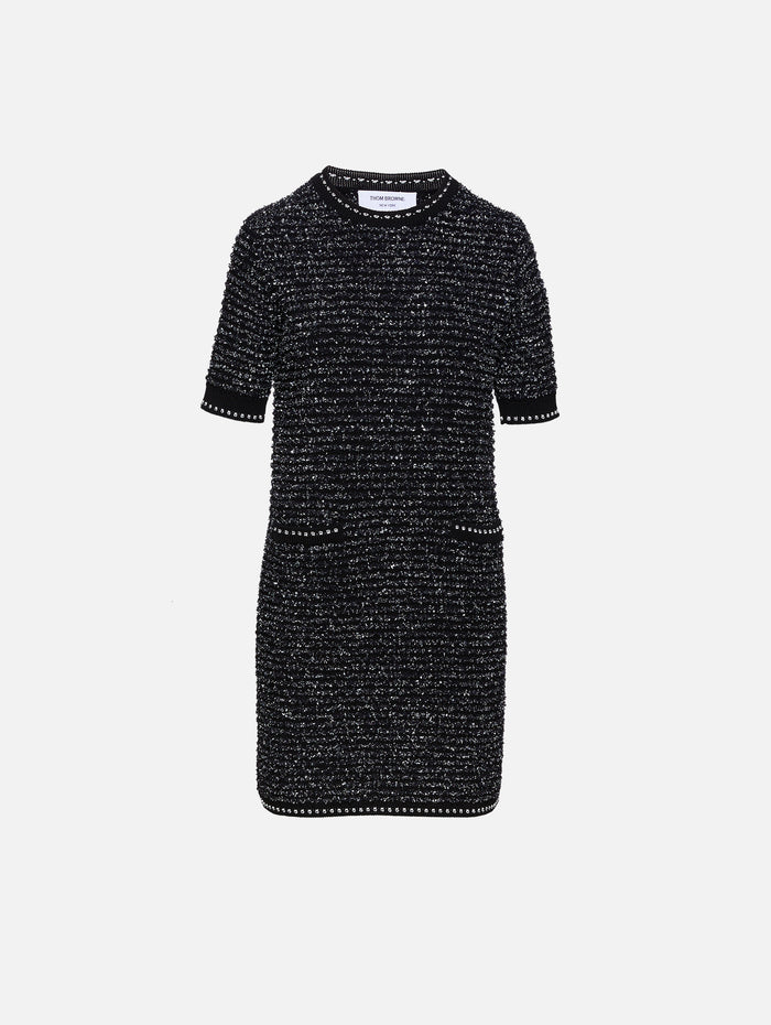 Eyelash Tweed Short Sleeve Mini Dress,THOM BROWNE,BLACK,Image 1