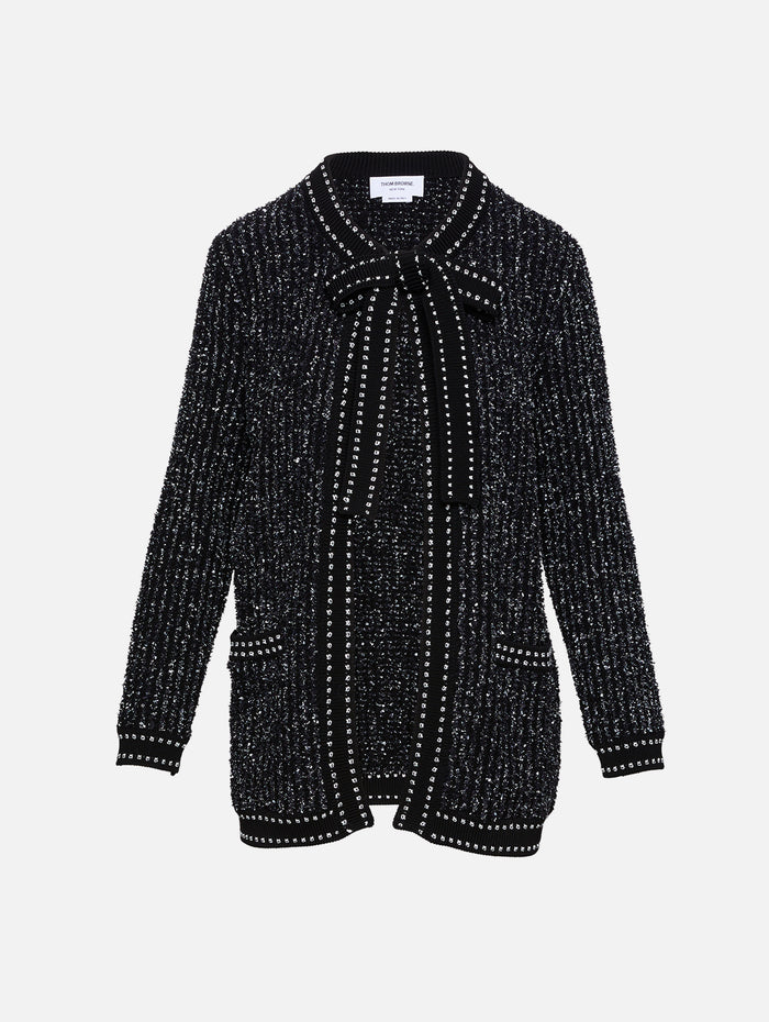 Eyelash Tweed Neck Tie Cardigan,THOM BROWNE,BLACK,Image 1
