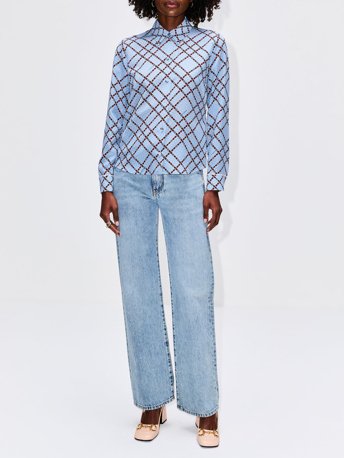 Horsebit Check Blouse,GUCCI,AZURE/RED,Image 2