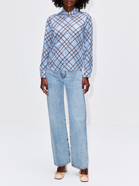 Horsebit Check Blouse,GUCCI,AZURE/RED,Image 2