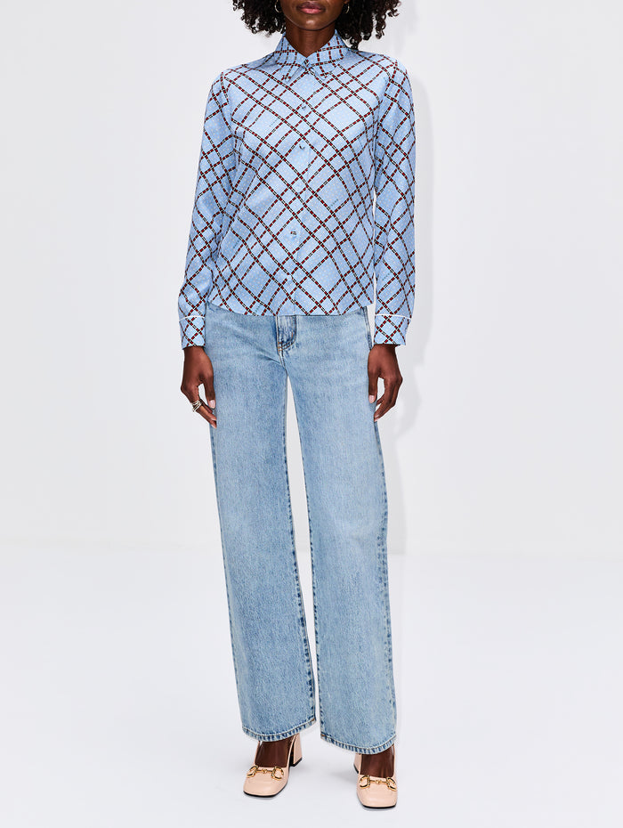 Horsebit Check Blouse,GUCCI,AZURE/RED,Image 1