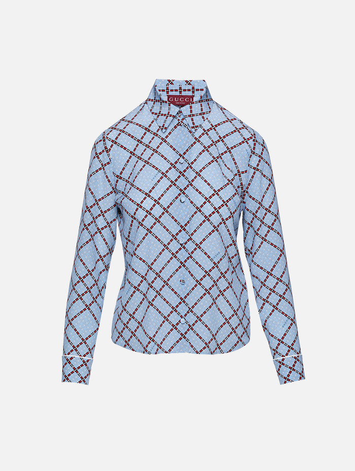 Horsebit Check Blouse,GUCCI,AZURE/RED,Image 1