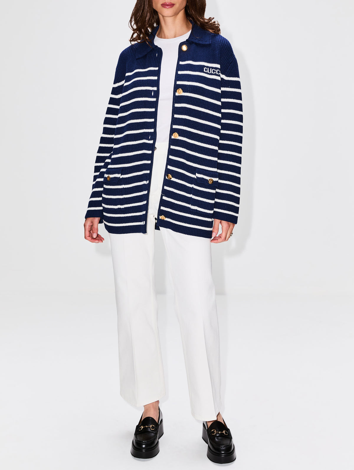 Striped Cardigan,GUCCI,NAVY/WHITE,Image 2