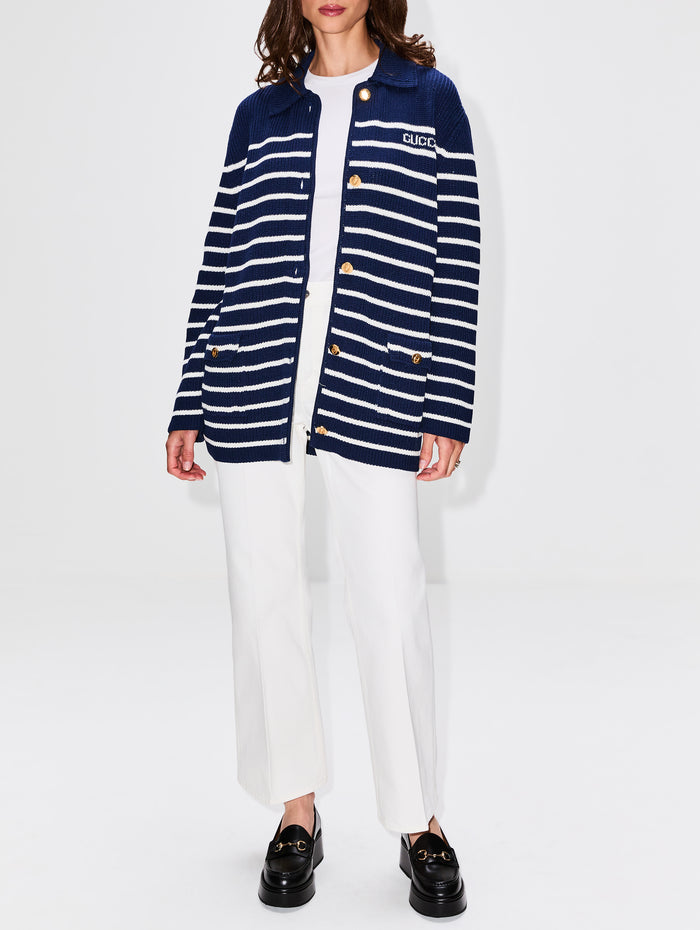 Striped Cardigan,GUCCI,NAVY/WHITE,Image 1