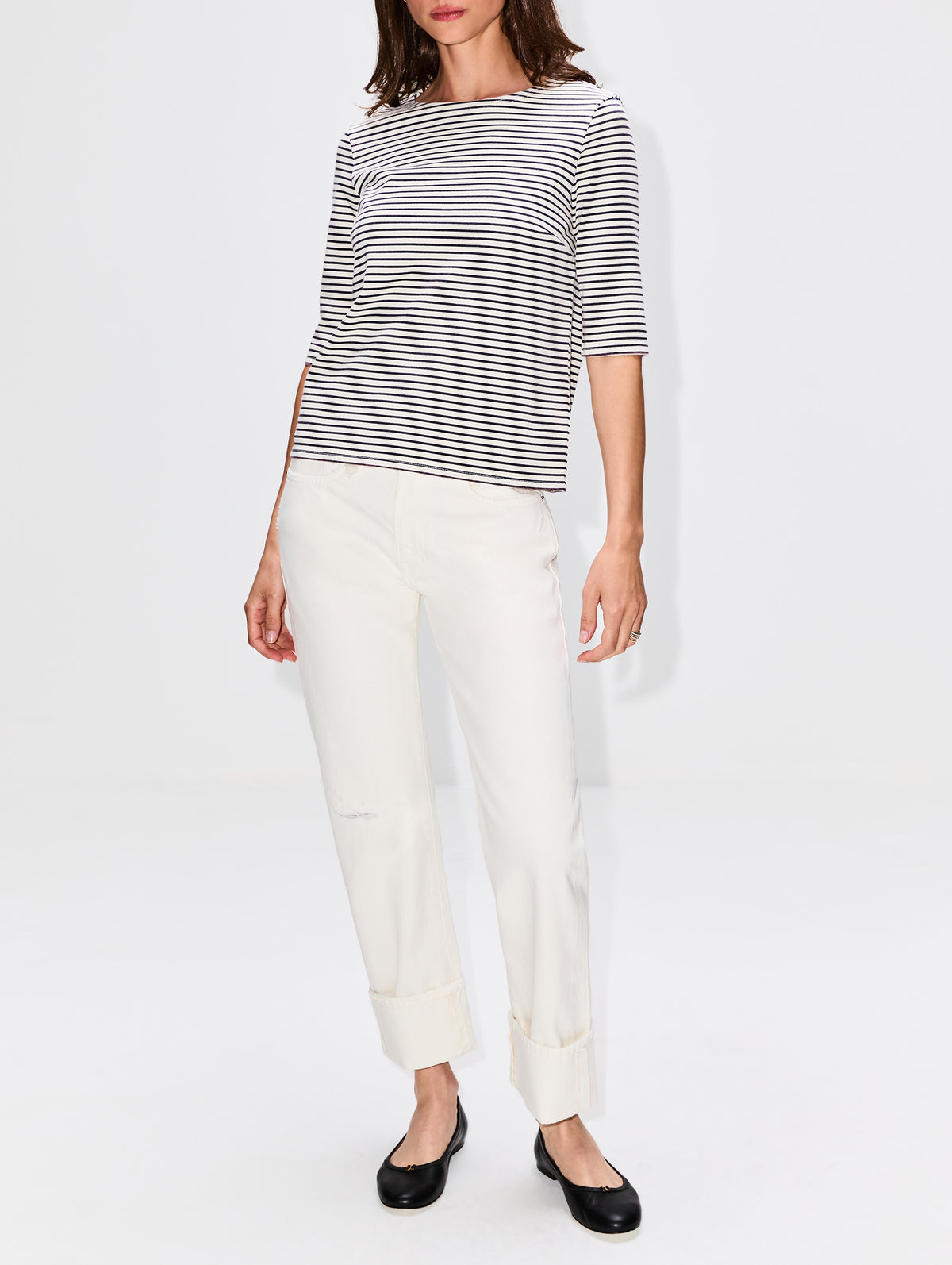 Elbow Sleeve Stripe Tee,R13,NAVY/ECRU NARROW STRIPES,Image 2