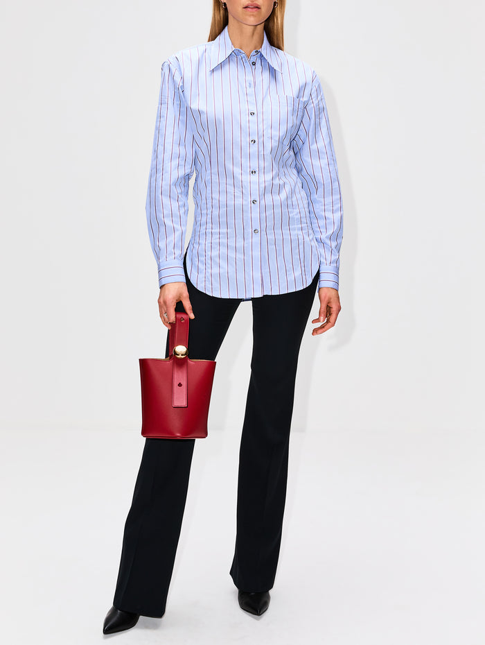 Stripe Button Up Top,RABANNE,BLUE/BROWN,Image 1