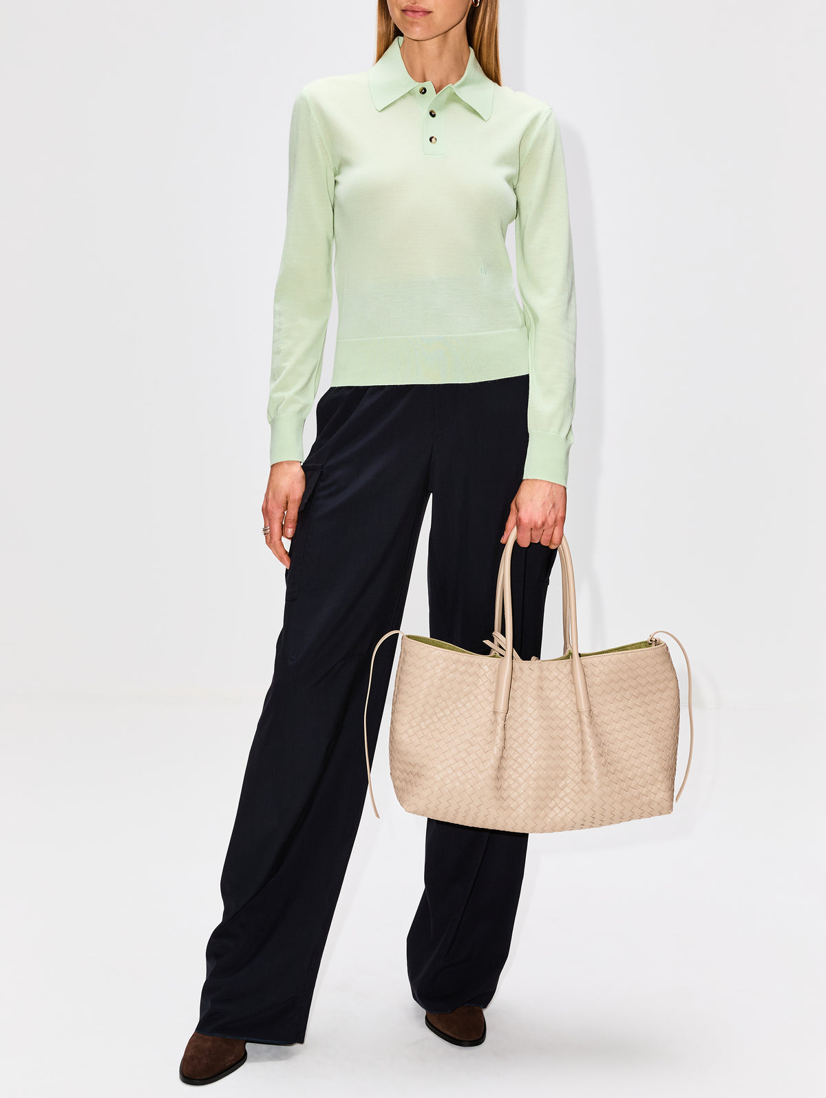 Knit Long Sleeve Polo Top,BOTTEGA VENETA,AQUAMARINE,Image 2