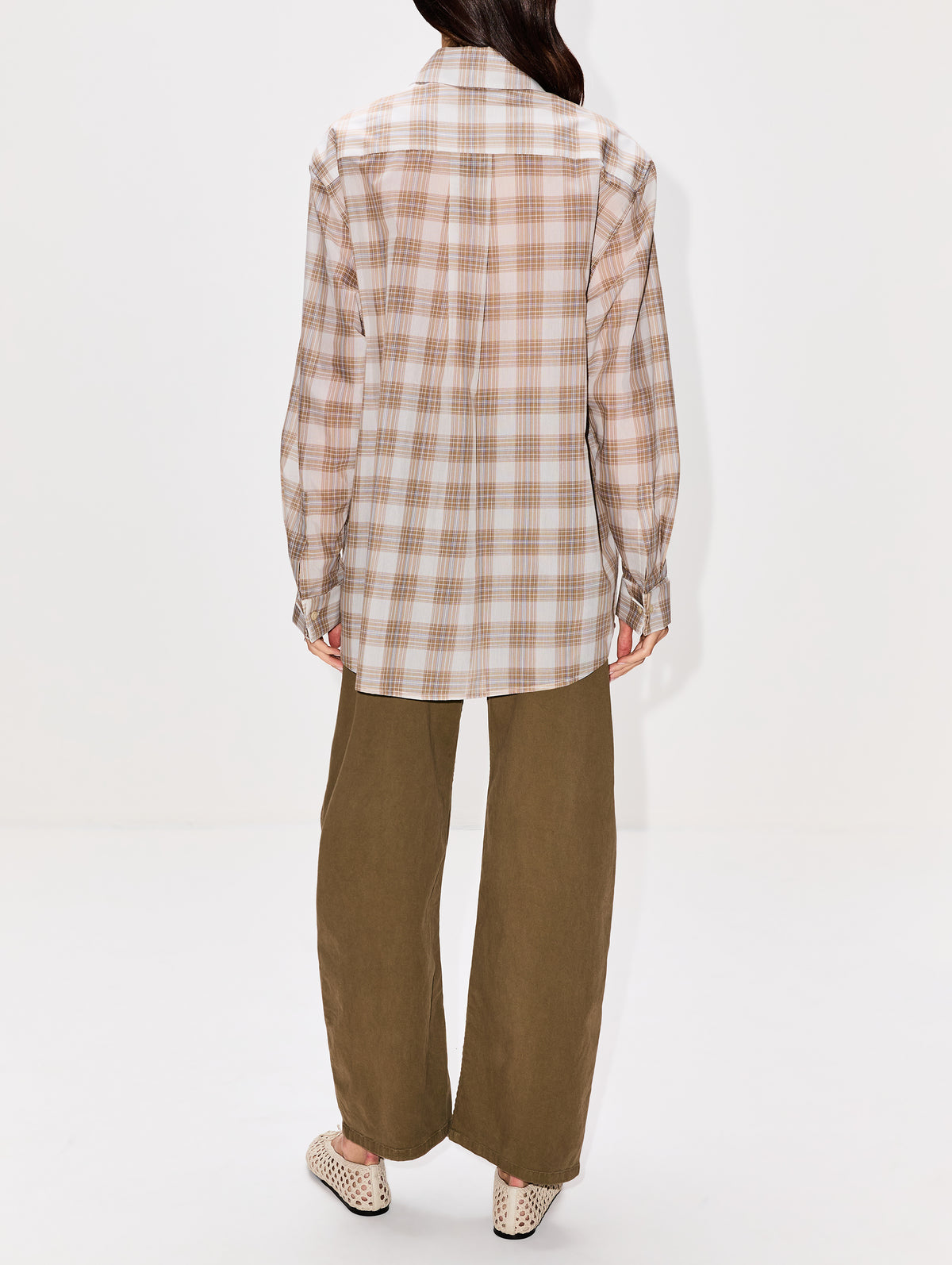 Chloe Bib Button Down Shirt,KALLMEYER,BEIGE PLAID,Image 3