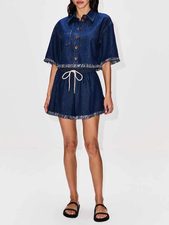 Rhiannon Fringe Denim Short,ZIMMERMANN,ATLANTIC,Image 1