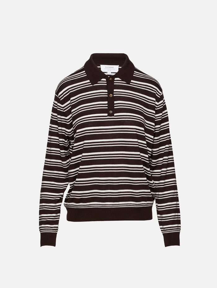 Striped Ben Polo Shirt,LA LIGNE,CHOCOLATE CREAM,Image 1