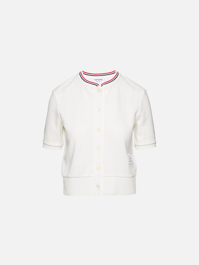 Short Sleeve Crewneck Cardigan,THOM BROWNE,NATURAL WHITE,Image 1