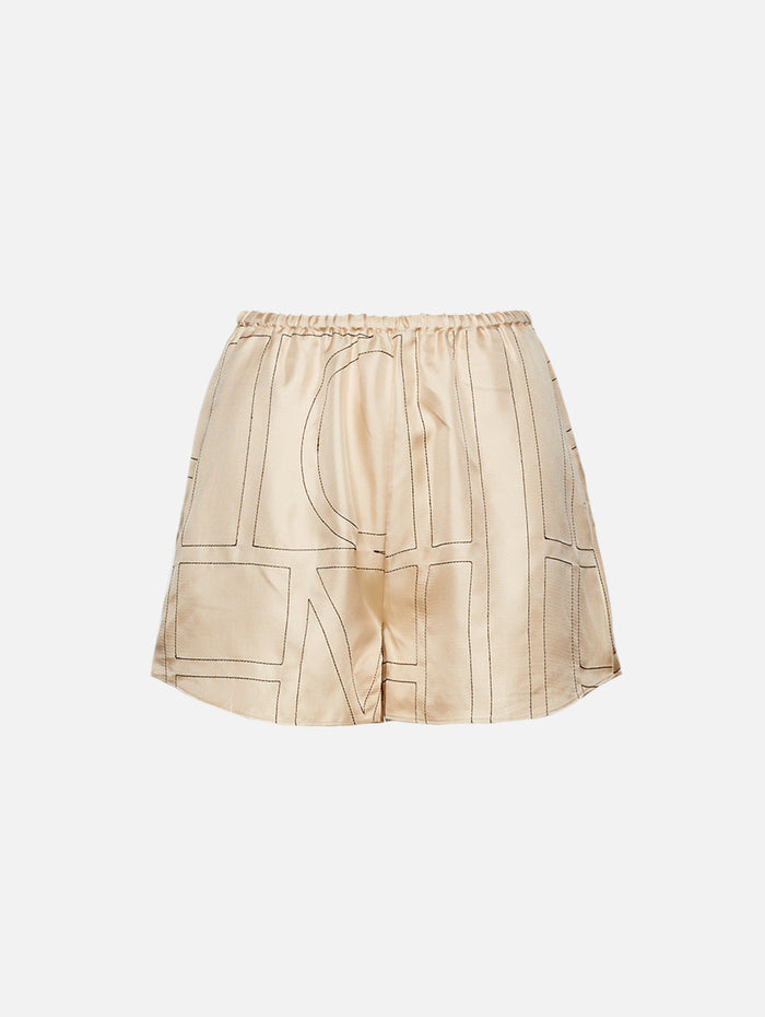 Monogram Silk PJ Short,TOTÉME,IVORY MONOGRAM,Image 1