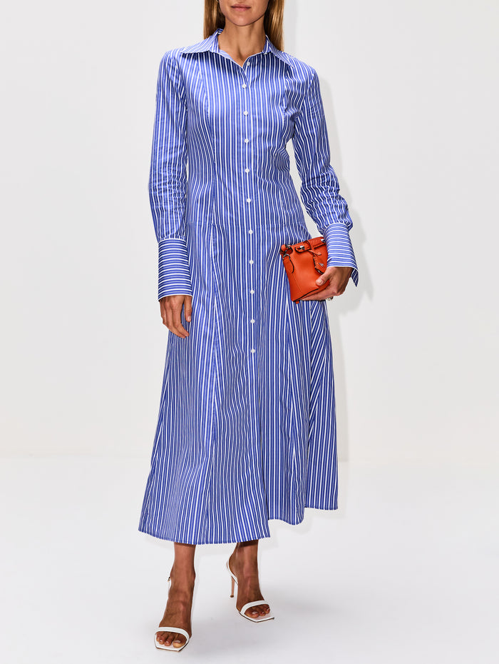 Sammy Collared Shirt Dress,BRANDON MAXWELL,NAVY STRIPE,Image 1