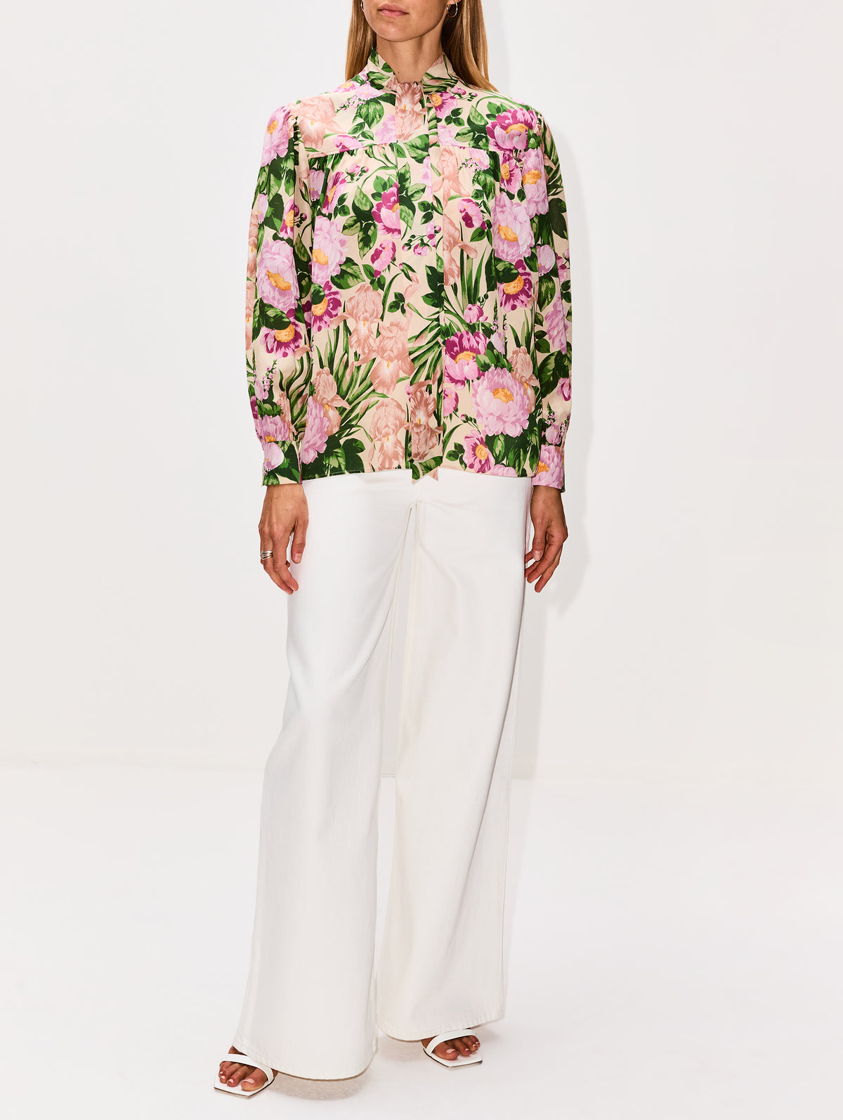 Floral Neck Tie Blouse,CHLOÉ,MACADAMIA,Image 2