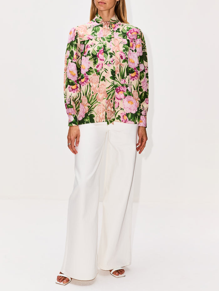 Floral Neck Tie Blouse,CHLOÉ,MACADAMIA,Image 1
