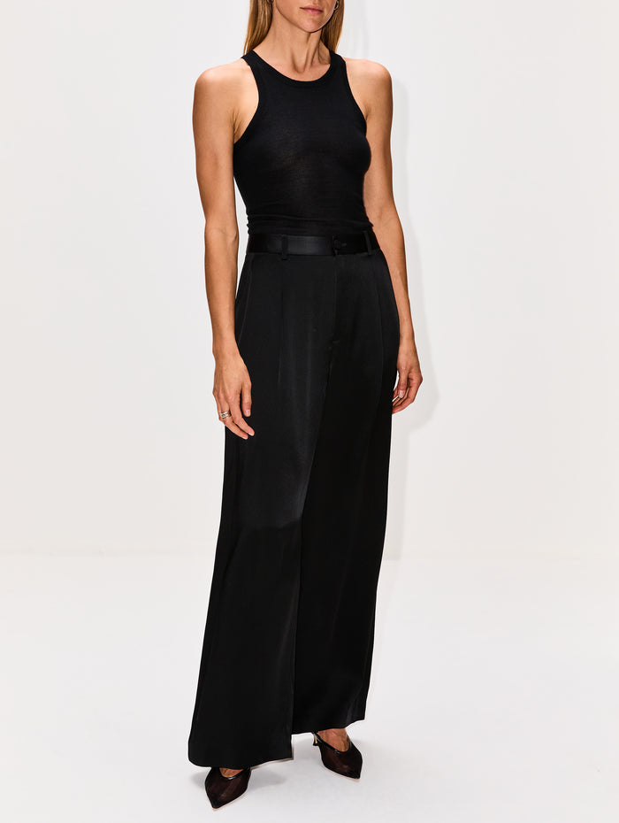 Satin Relaxed Pleated Pant,LAPOINTE,BLACK,Image 1