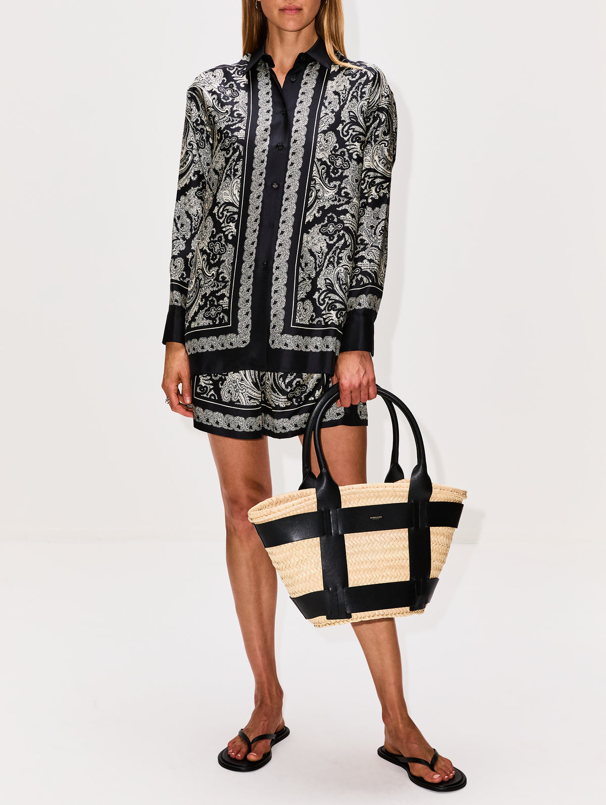 Francis Silk Short,NILI LOTAN,BLACK/IVORY,Image 2
