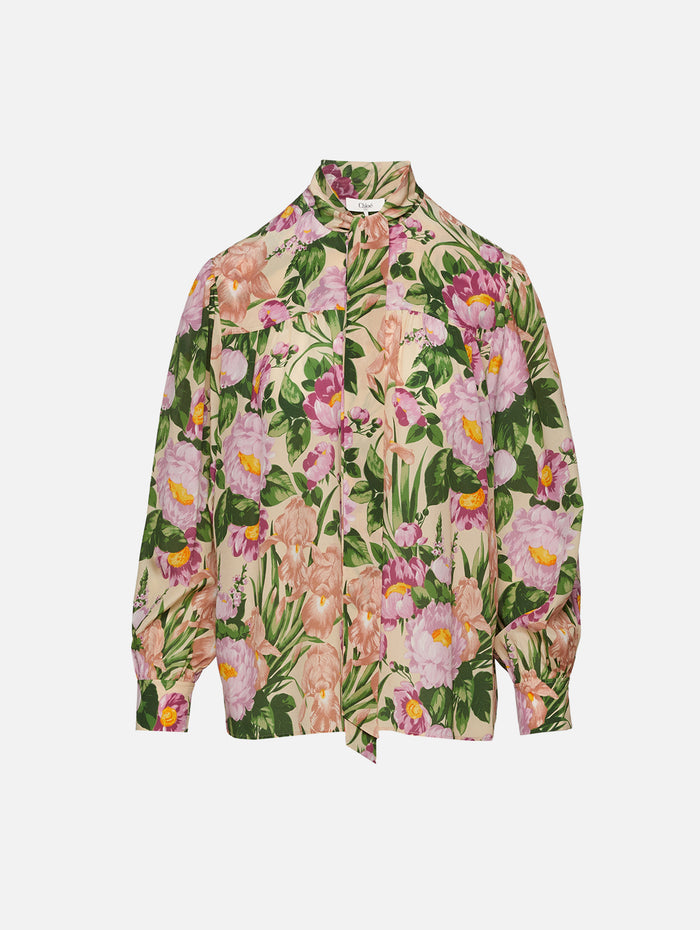 Floral Neck Tie Blouse,CHLOÉ,MACADAMIA,Image 1
