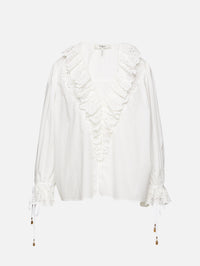 Ruffle V Neck Blouse,CHLOÉ,ICONIC MILK,Image 1