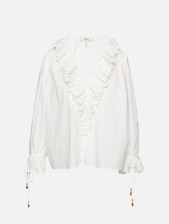 Ruffle V Neck Blouse,CHLOÉ,ICONIC MILK,Image 1