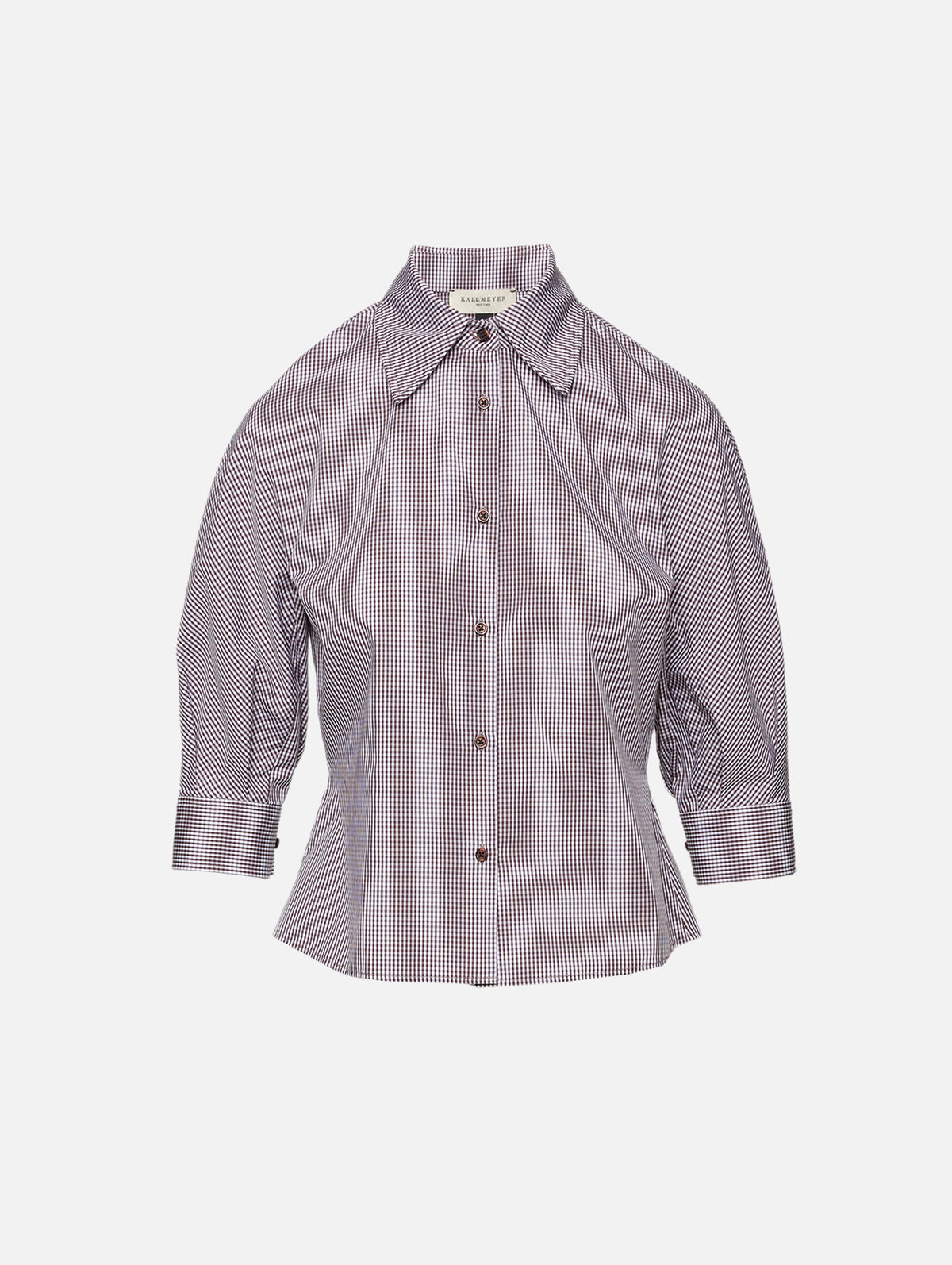 Colette 3/4 Sleeve Button Down,KALLMEYER,CHOCOLATE GINGHAM,Image 1