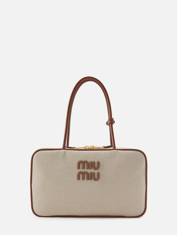 Beau Canvas Top Handle Bag,MIU MIU,NATURAL/BRANDY,Image 1