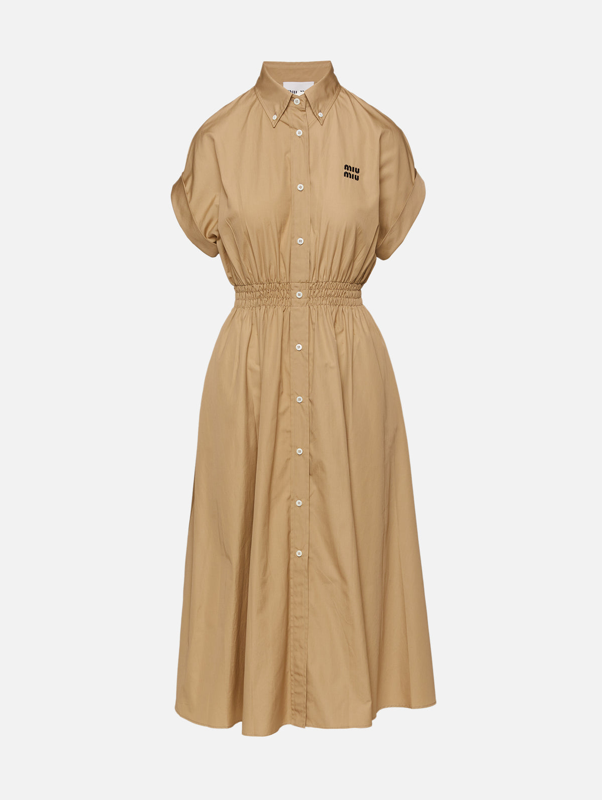 Poplin Cinched Waist Dress,MIU MIU,KAKI,Image 1