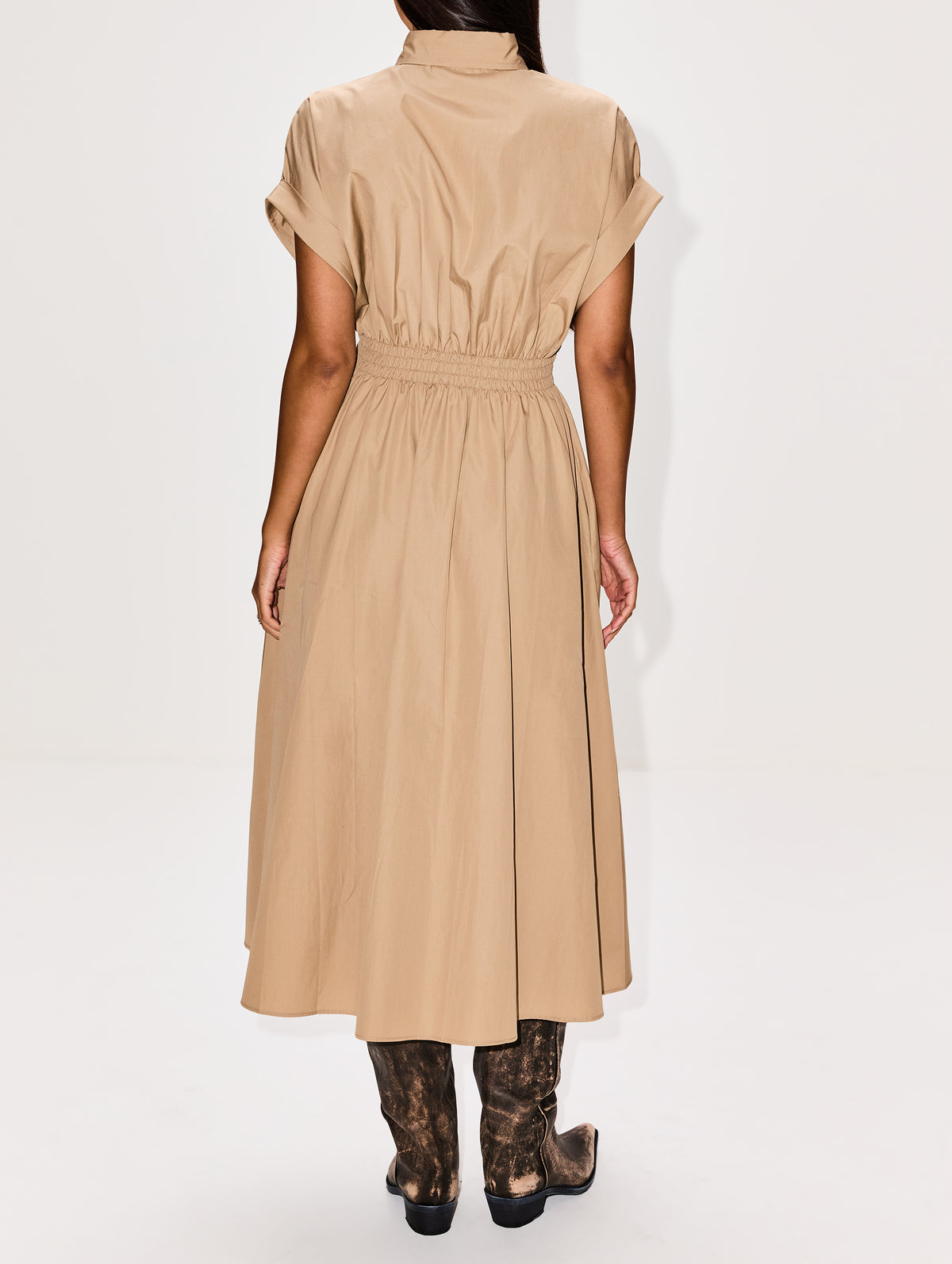 Poplin Cinched Waist Dress,MIU MIU,KAKI,Image 4
