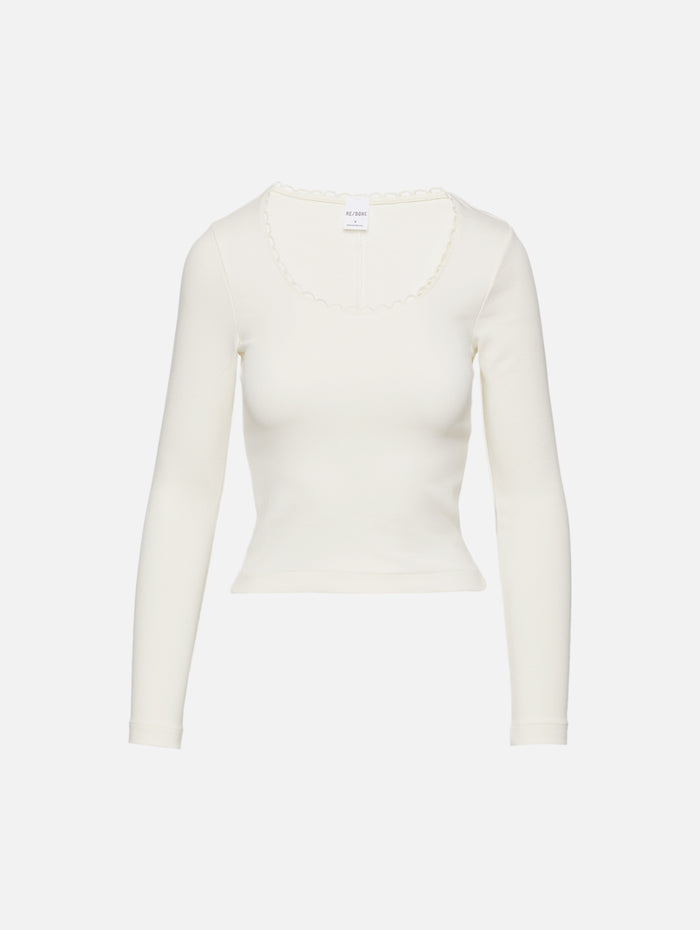 Scallop Scoop Long Sleeve Top,RE/DONE,VINTAGE WHITE,Image 1