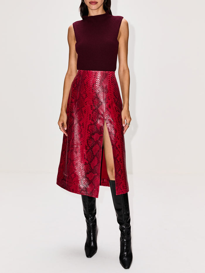 Side Slit Midi Leather Skirt,ZEYNEP ARCAY,FUSCHIA SNAKE,Image 1