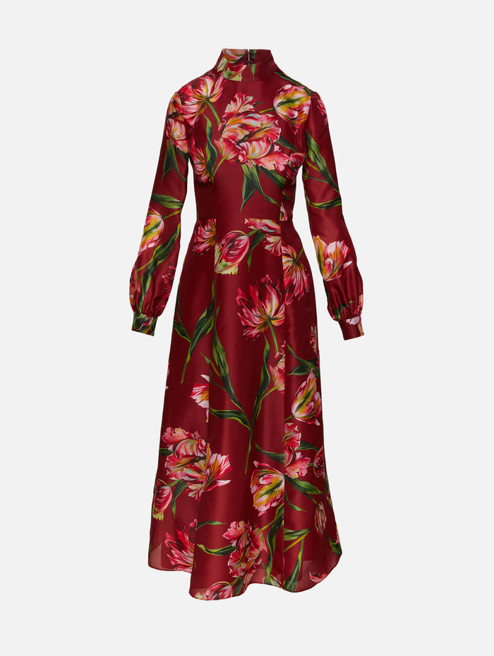 Mock Neck Midi Dress,CAROLINA HERRERA,GARNET MULTI,Image 1