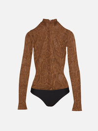 Snake Lace Mock Neck Bodysuit,LAPOINTE,BROWN,Image 1