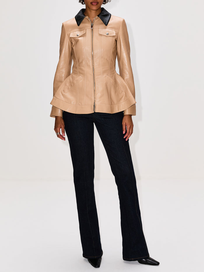 Leather Peplum Jacket,ALEXANDER MCQUEEN,BEIGE/BROWN,Image 1
