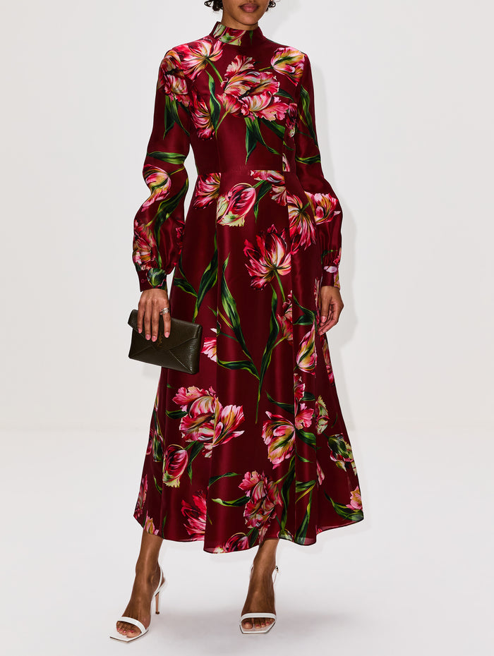 Mock Neck Midi Dress,CAROLINA HERRERA,GARNET MULTI,Image 1